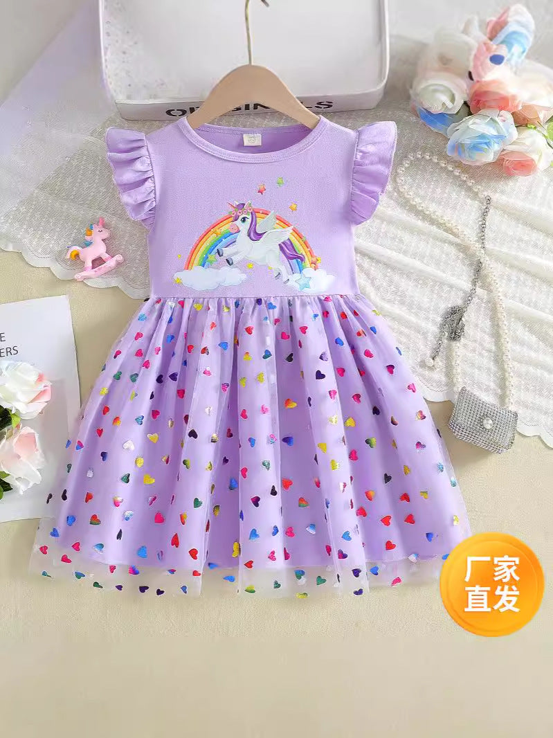 Girls Chiffon Mesh Princess Dress with Unicorn Print