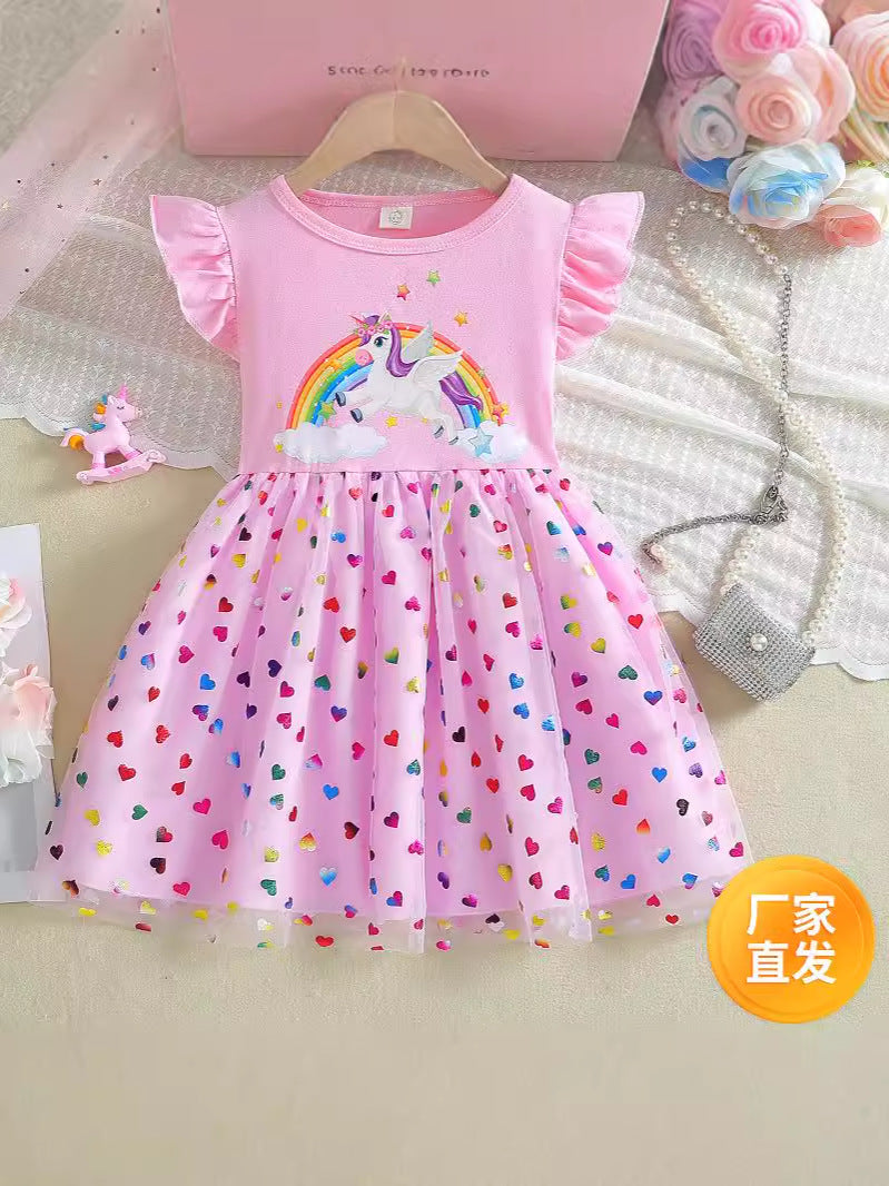 Girls Chiffon Mesh Princess Dress with Unicorn Print