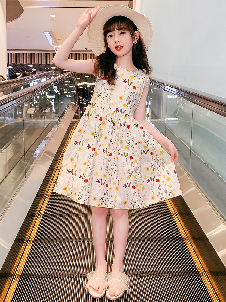 Girls Cotton Floral Print Dress with Tie Waist Belt