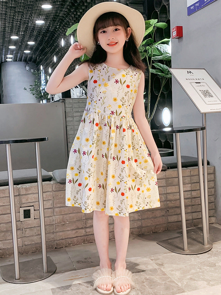 Girls Cotton Floral Print Dress with Tie Waist Belt