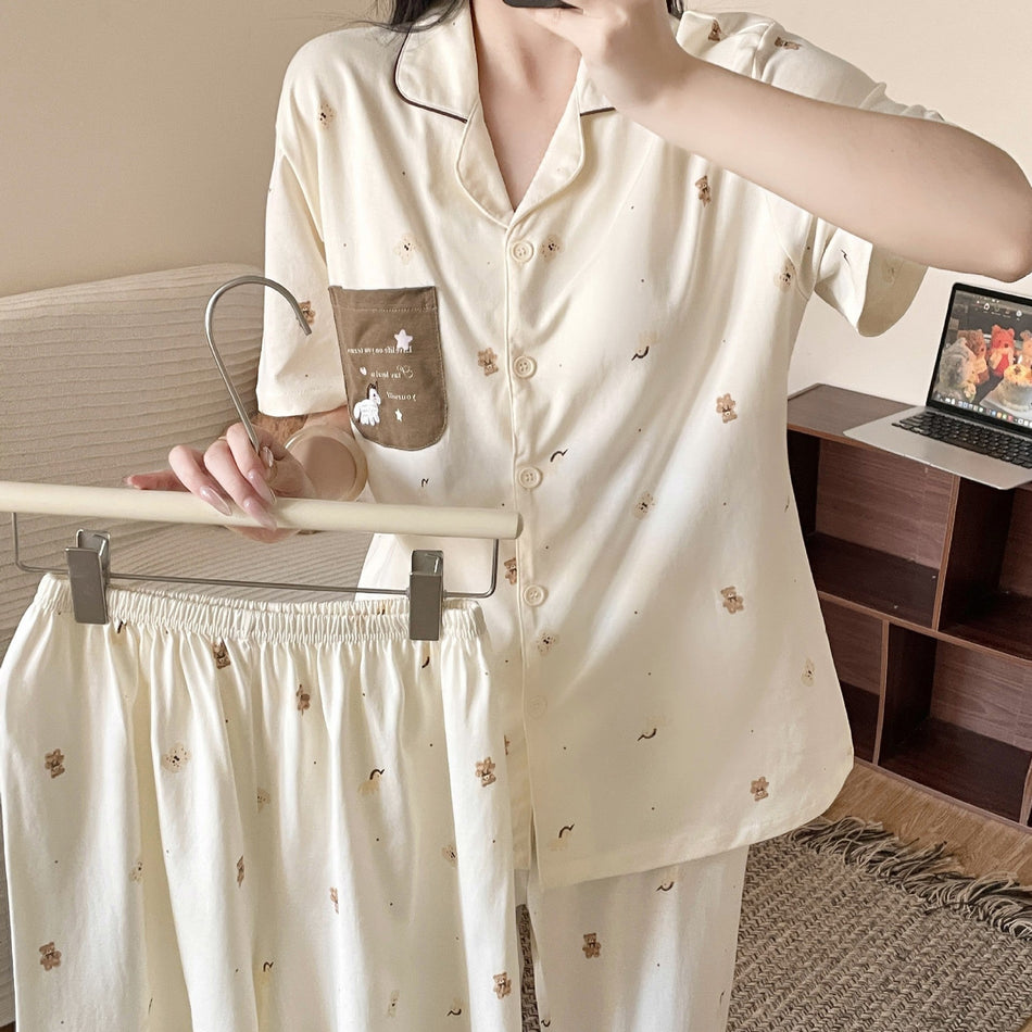 Women's Pure Cotton Short Sleeve Three-Piece Pajama Set