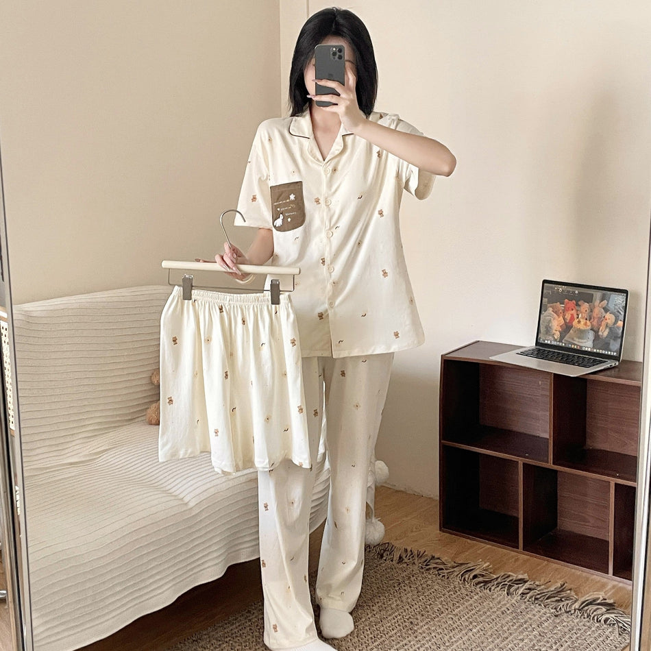 Women's Pure Cotton Short Sleeve Three-Piece Pajama Set