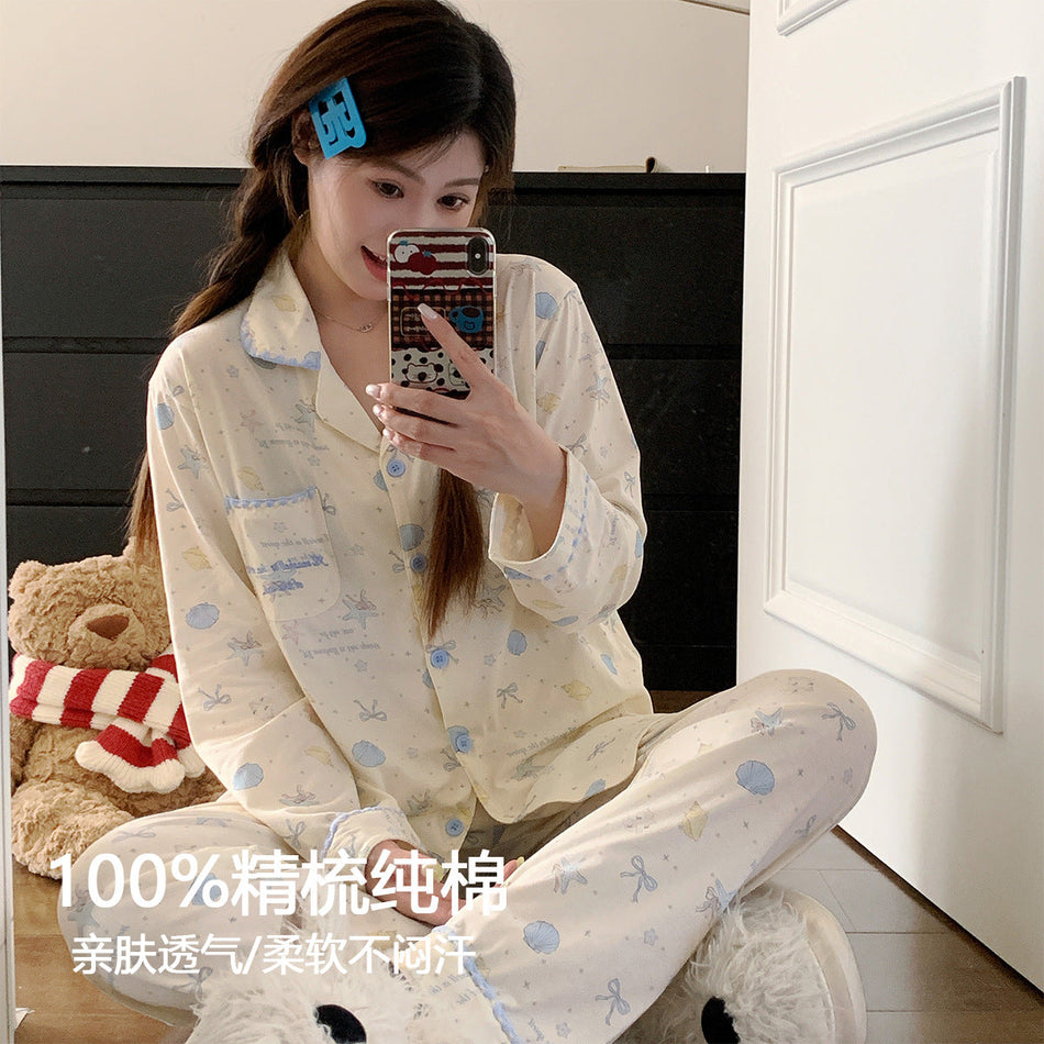 Women's Cotton Long Sleeve Lapel Pajama Set Homewear