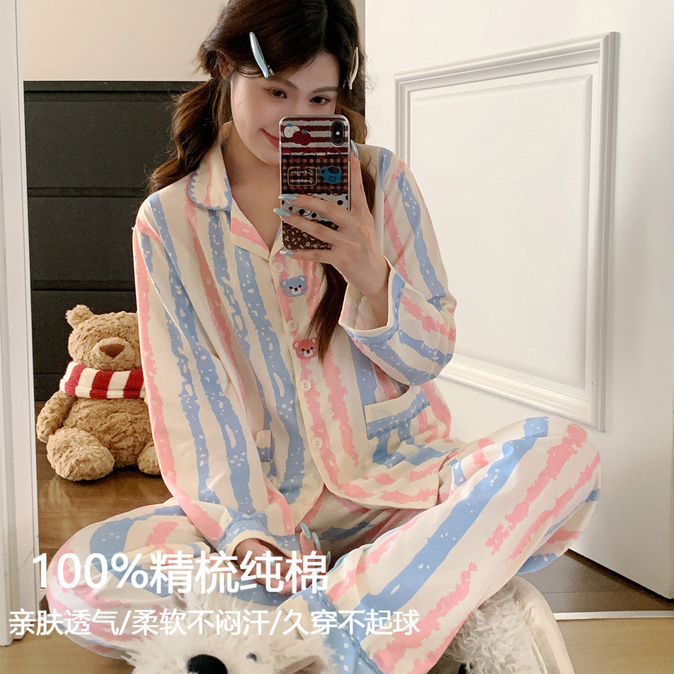 Women's Pure Cotton Bear Long Sleeve Lapel Pajama Set