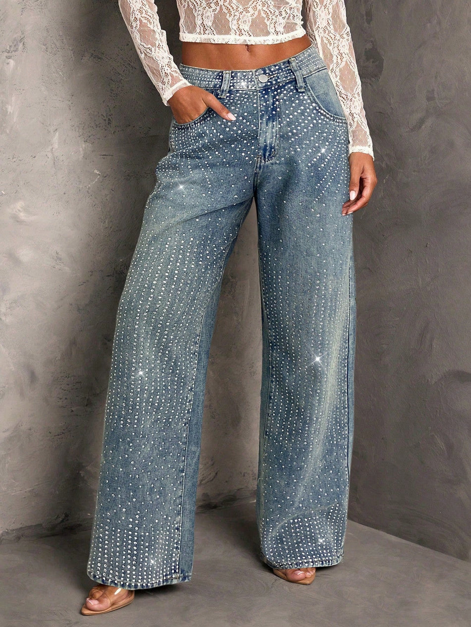Women's Rhinestone Stretch Wide Leg Retro Jeans