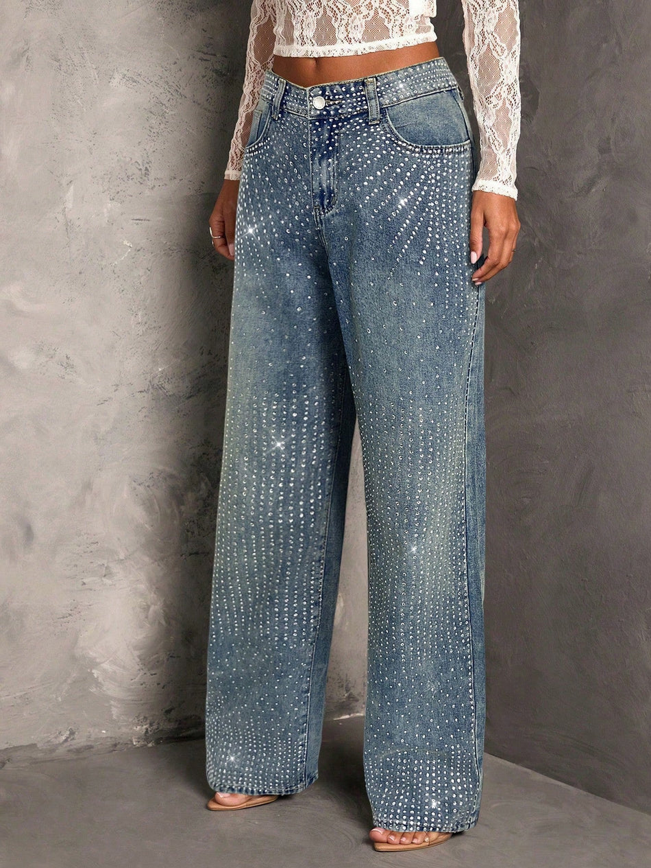 Women's Rhinestone Stretch Wide Leg Retro Jeans