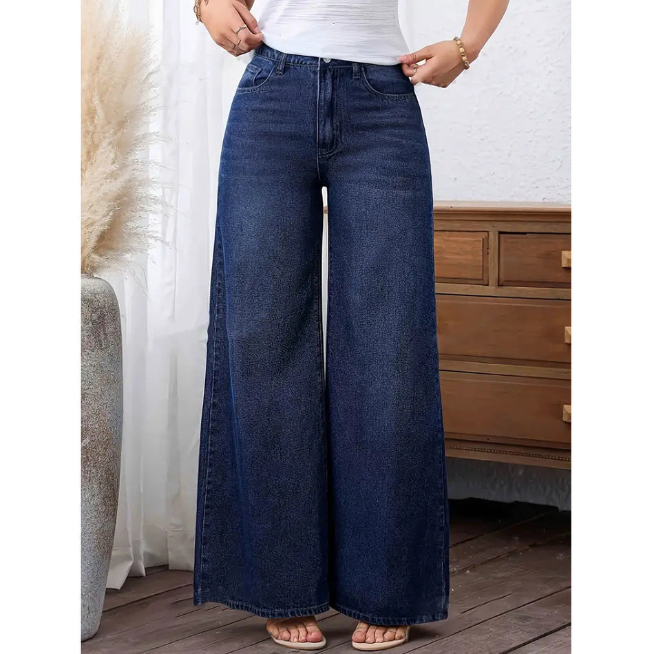Women's Deep Blue Washed Stretch Wide Leg Jeans