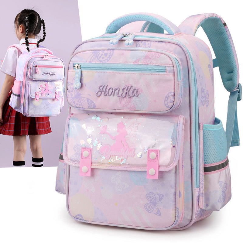 Girls Cartoon School Backpack Oxford Cloth Lightweight Grades 3-4