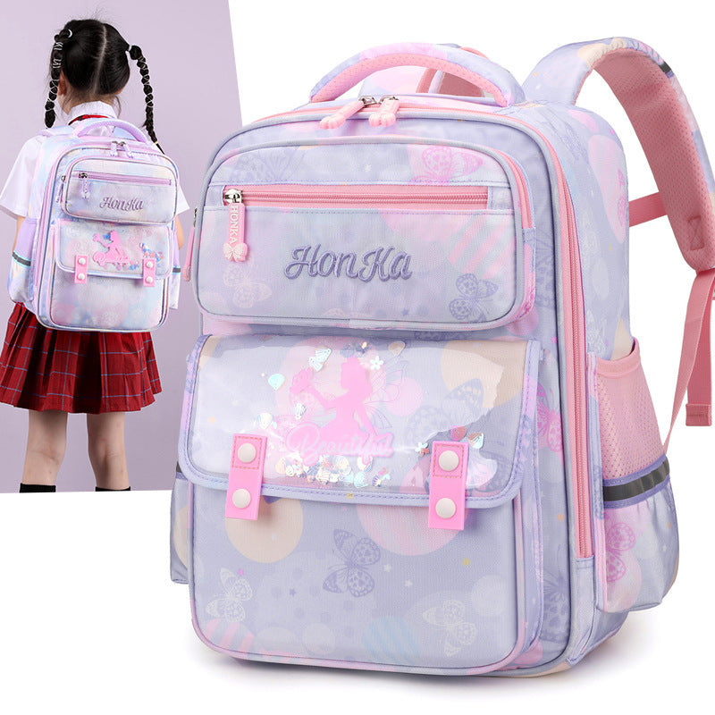 Girls Cartoon School Backpack Oxford Cloth Lightweight Grades 3-4