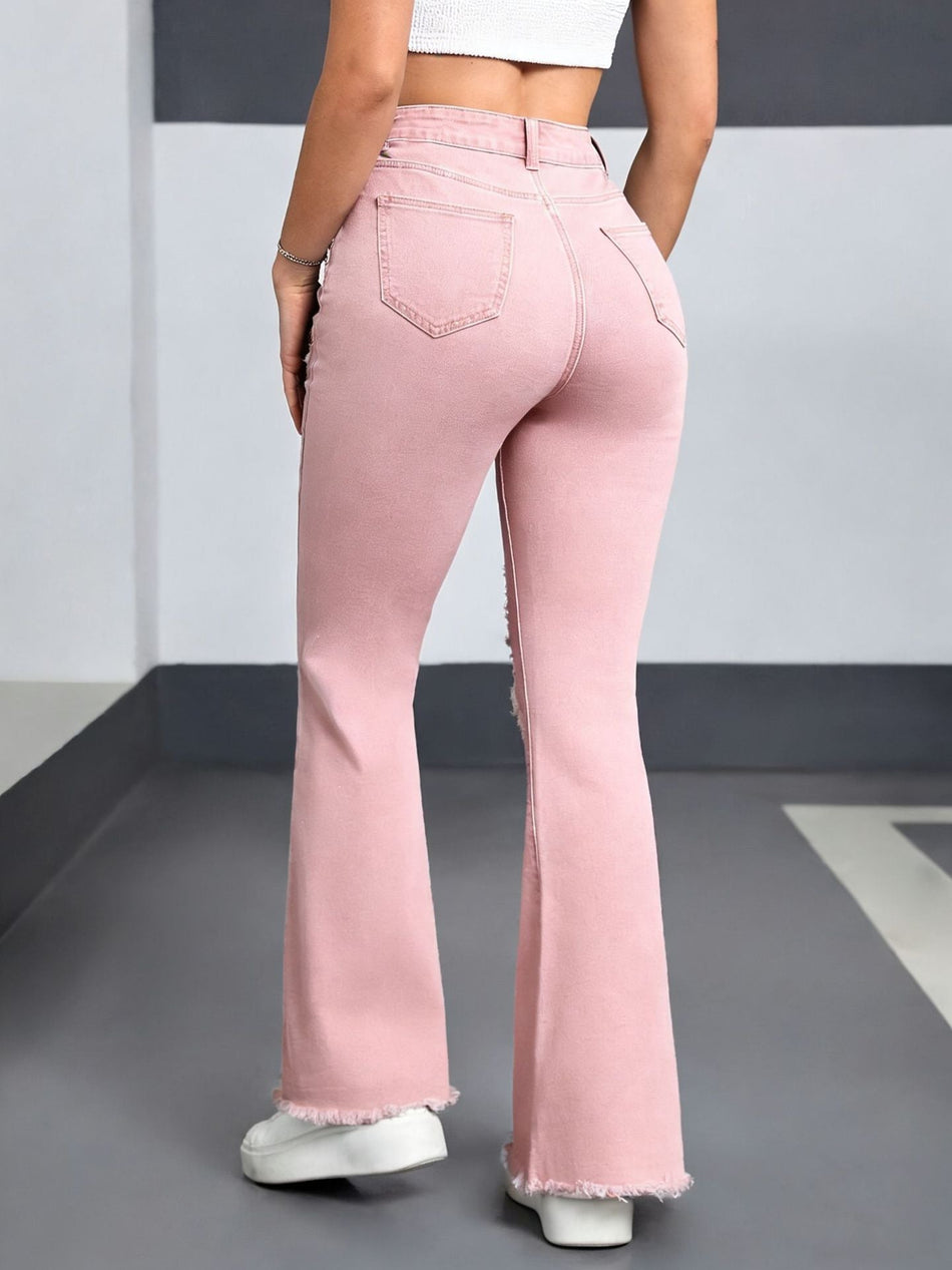 Women's Heart Embroidered Ripped Flare Frayed Hem Jeans
