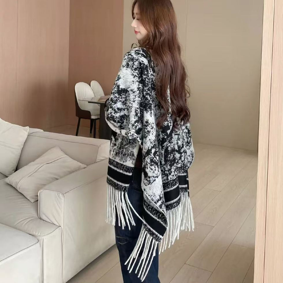 Women's Plaid Faux Cashmere Cape Coat with Tassels