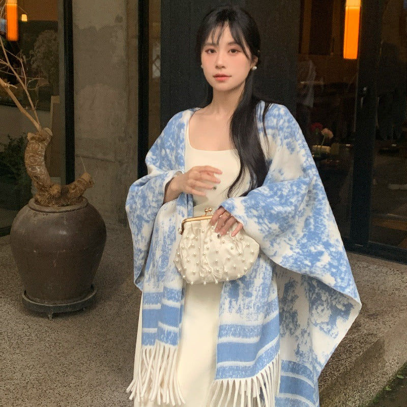 Women's Vintage Double-Sided Cape Shawl Jacket with Tassels