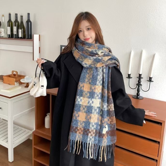 Plaid Tassel Scarf Warm Neck Shawl for Men and Women