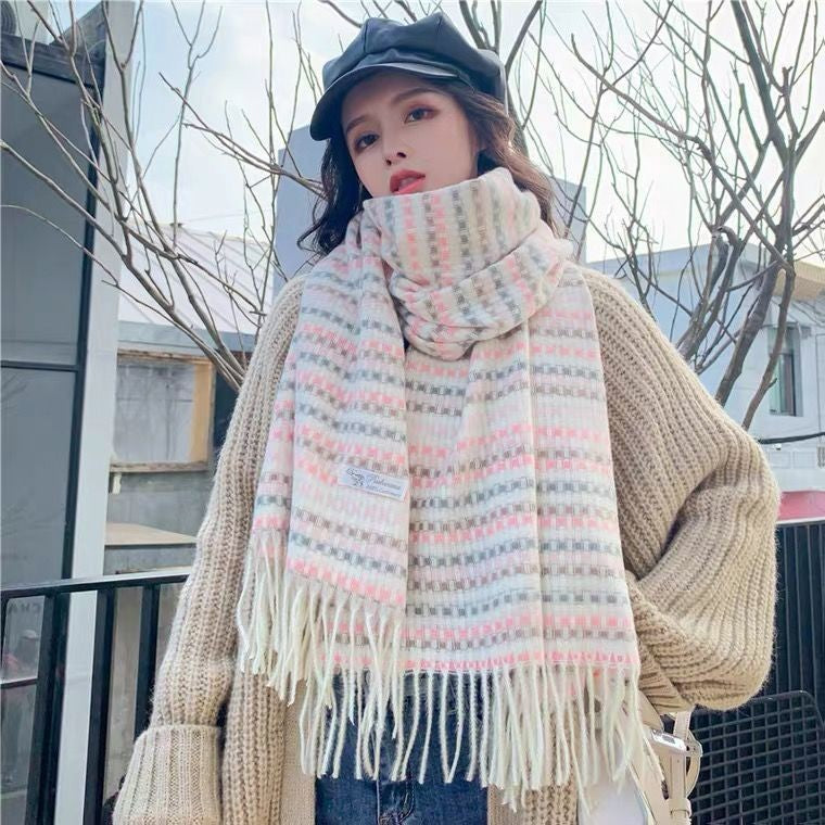 Women's Korean Style Plaid Thickened Winter Shawl Scarf