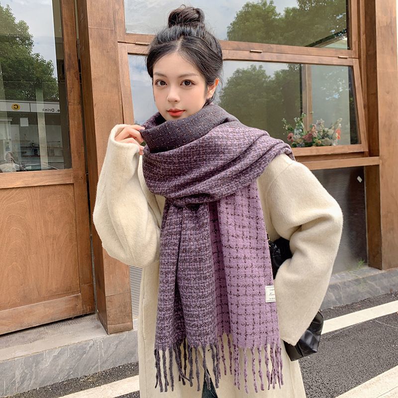 Women's Color-Blocked Plaid Faux Cashmere Winter Scarf