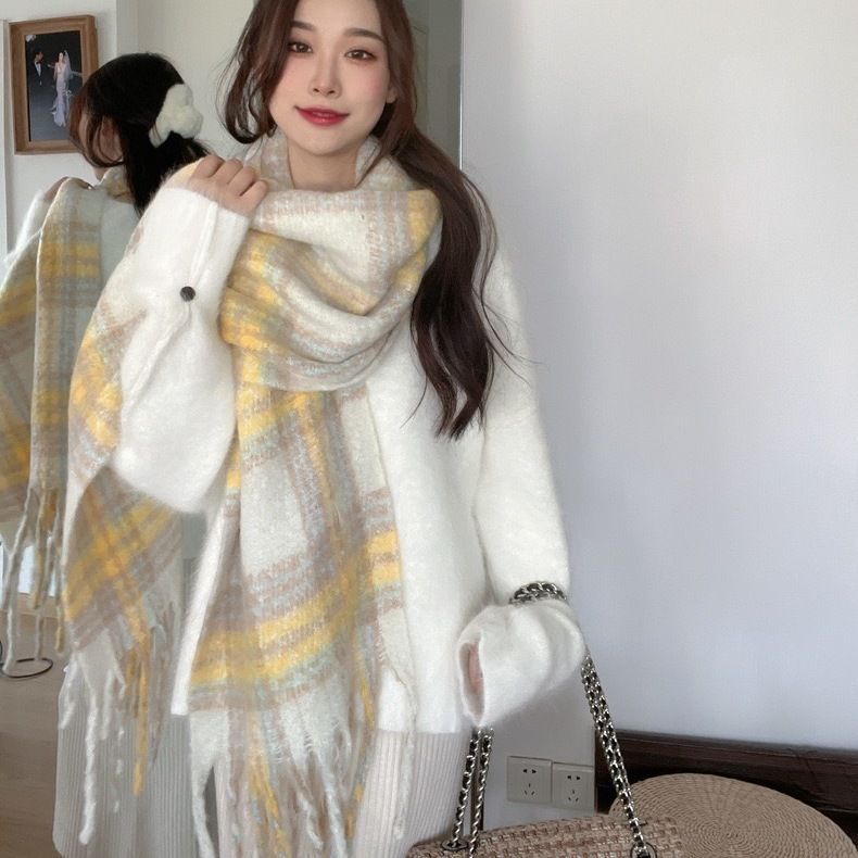 Women's Mohair Plaid Tassel Winter Shawl Scarf