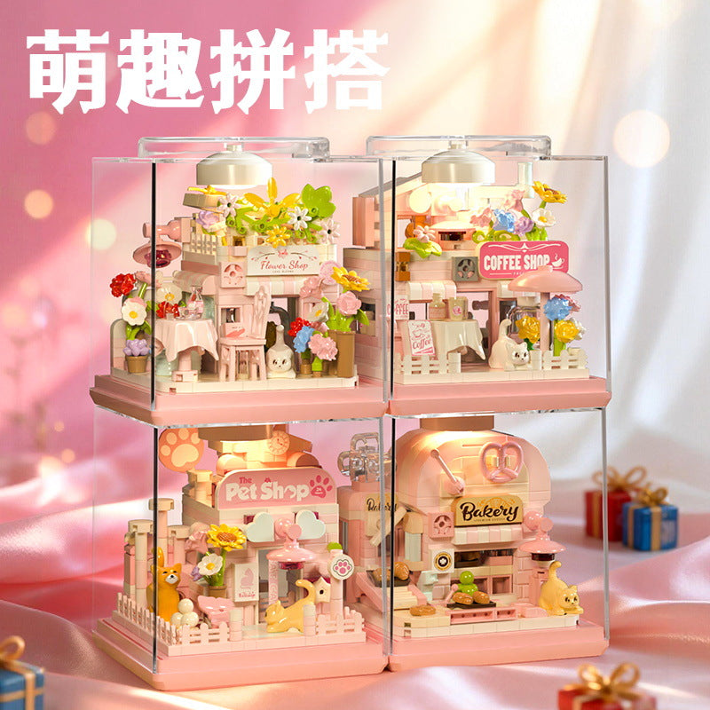 Light Up Mini Shop Building Blocks Cat Café DIY Model
