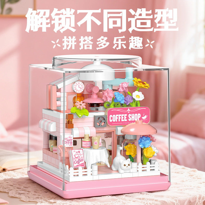 Light Up Mini Shop Building Blocks Cat Café DIY Model