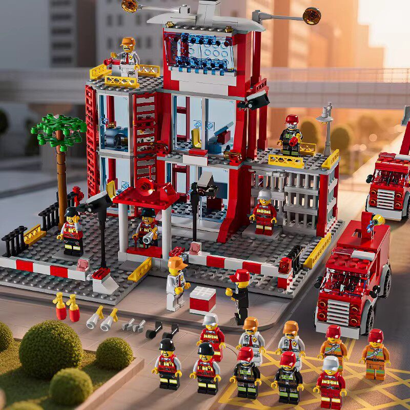 Fire Station Building Blocks with Fire Trucks and Figures