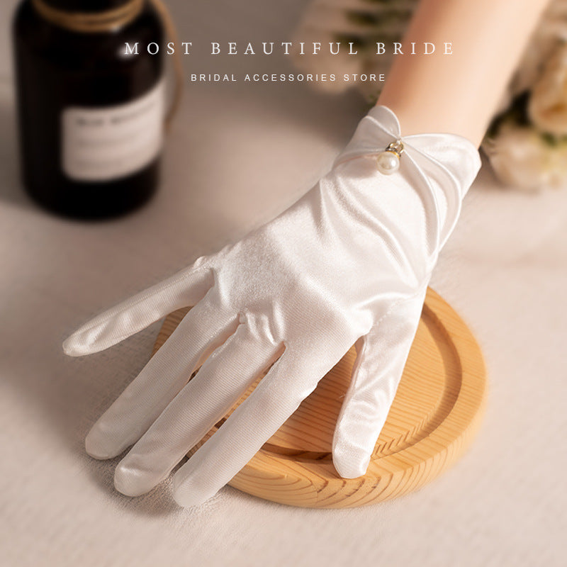 Women's White Pearl Satin Bridal Gloves Princess Style
