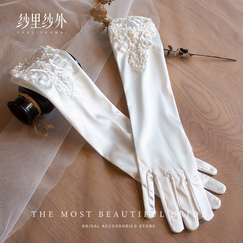 French Satin Lace Bridal Wedding Gloves Elegant Style