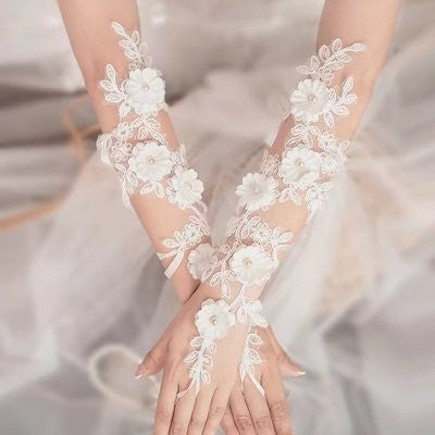 Long Lace Flower Bridal Wedding Gloves with Finger Hook