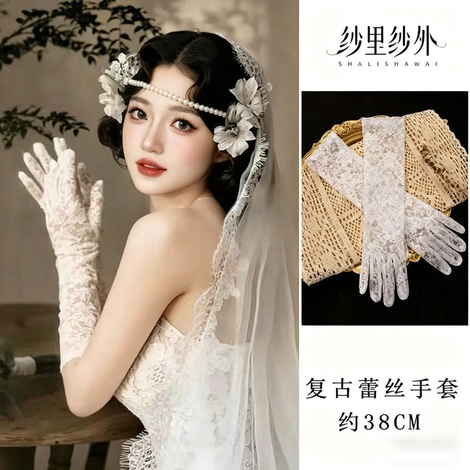 Retro White Lace Long Bridal Wedding Gloves