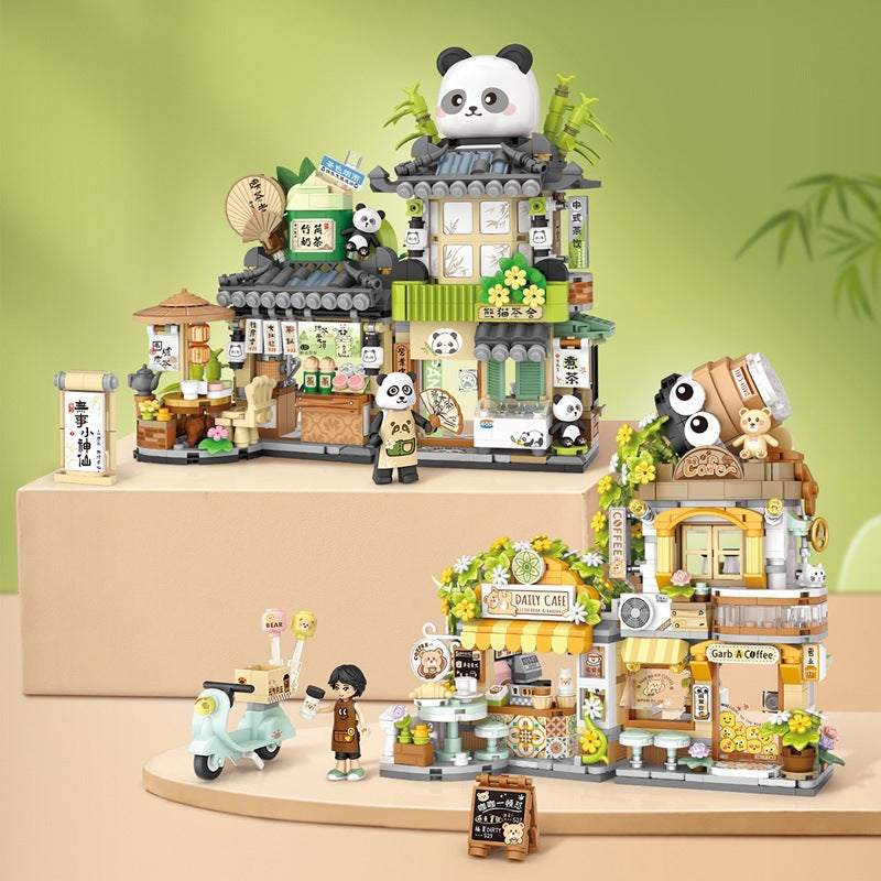 Panda Tea House Street View Building Block Cottage Set