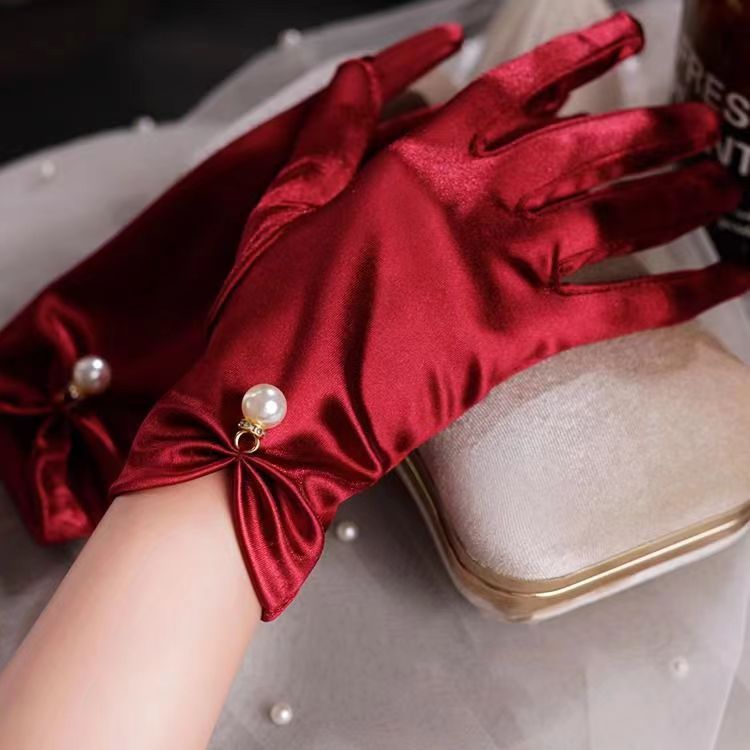 Red Satin Short Bridal Wedding Gloves Elegant Style