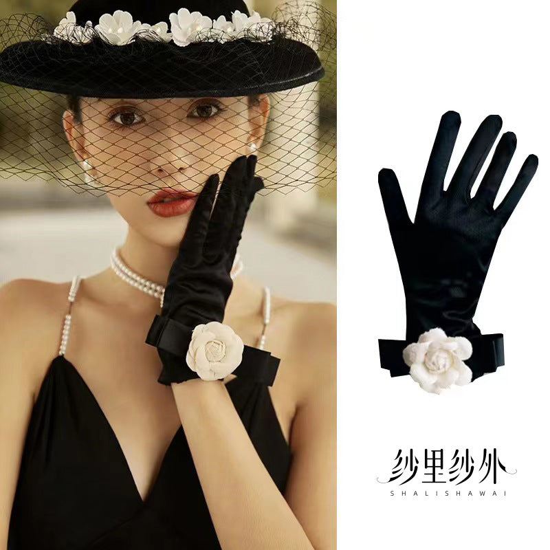 Black Velvet Satin French Retro Bridal Evening Gloves