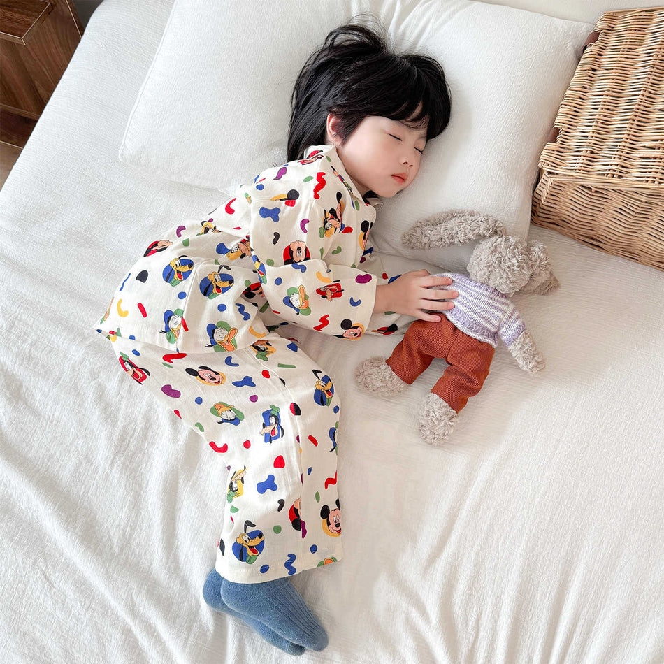 Kids Double-Layer Cotton Gauze Pajama Set with Lapel Collar