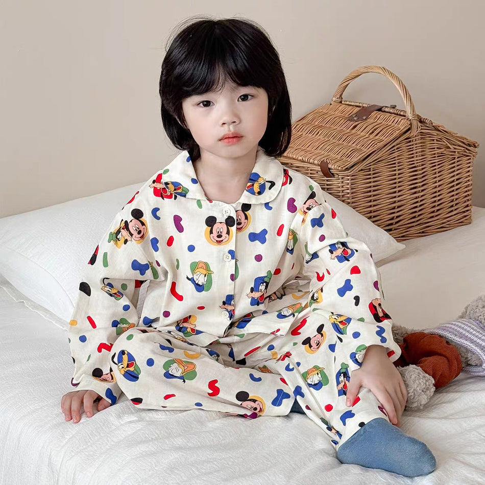 Kids Double-Layer Cotton Gauze Pajama Set with Lapel Collar