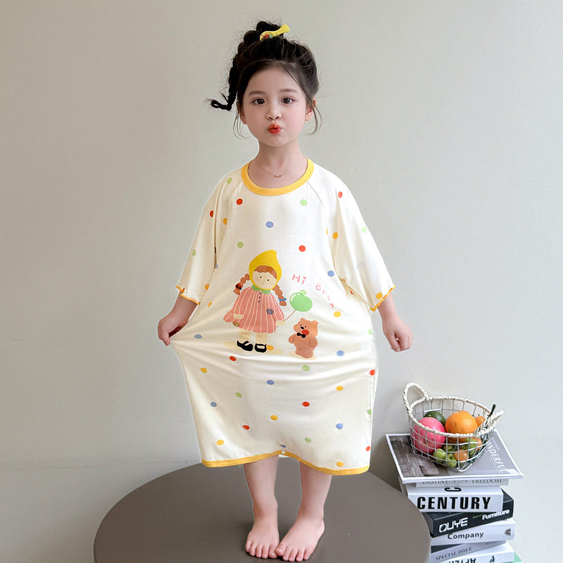Girls' Modal Short-Sleeve Sleep Dress with Cute Dot Print