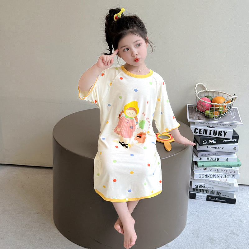 Girls' Modal Short-Sleeve Sleep Dress with Cute Dot Print