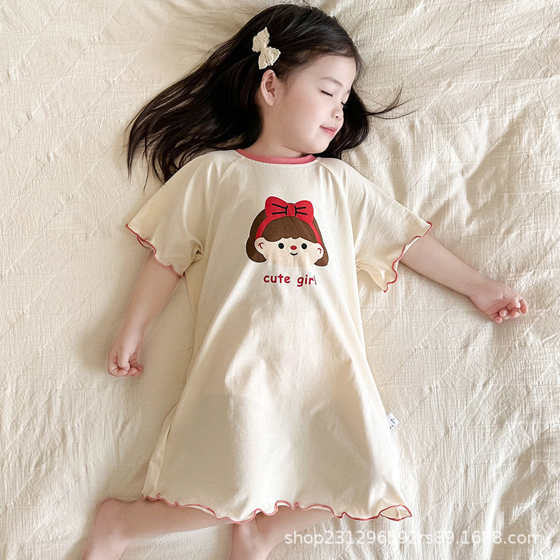 Girls' Modal Cartoon Nightdress Loose Mid-Length Summer Pajamas