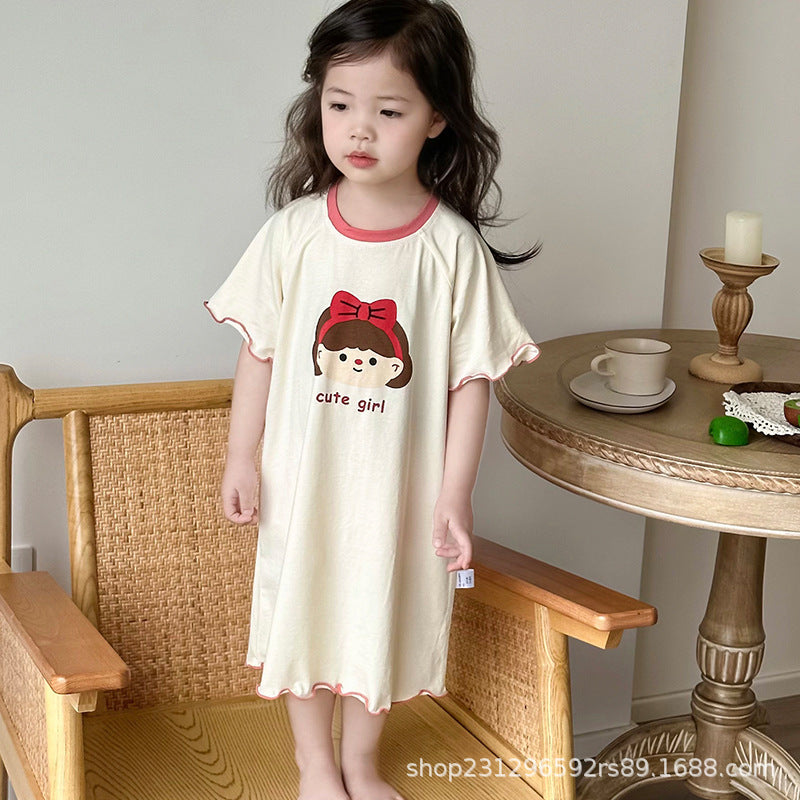 Girls' Modal Cartoon Nightdress Loose Mid-Length Summer Pajamas