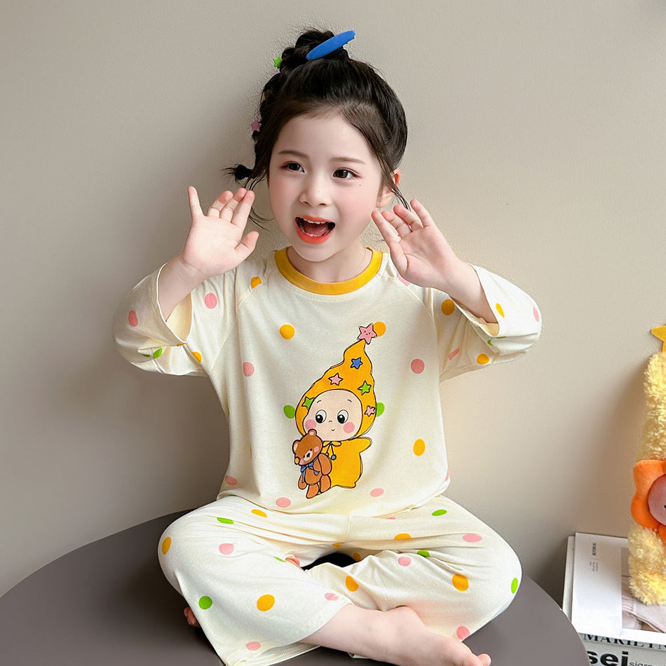 Girls' Modal Pajama Set Long-Sleeve Cartoon Homewear