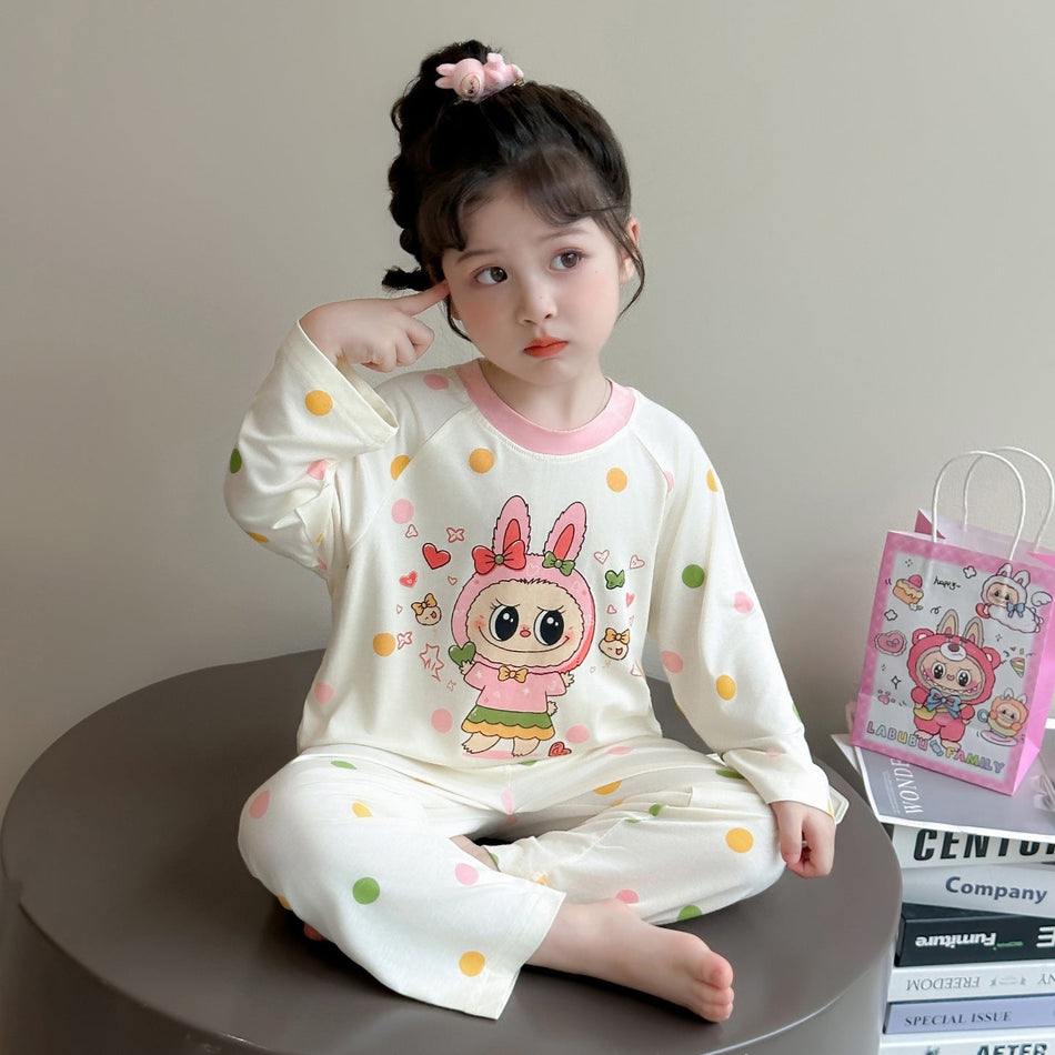 Girls' Modal Pajama Set Long-Sleeve Cartoon Homewear