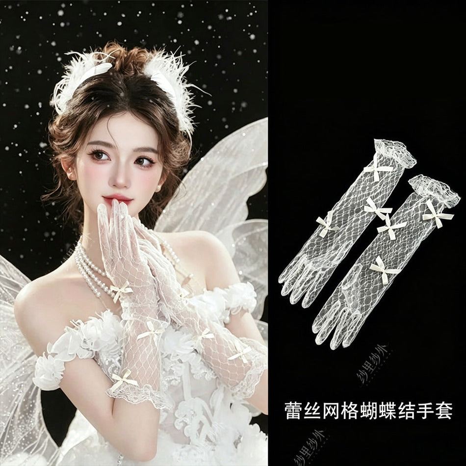 Women's White Mesh Flower Lace Bridal Gloves
