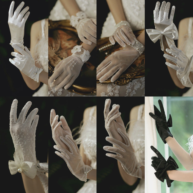 Women's Black Pearl Lace Satin Bridal Wedding Gloves