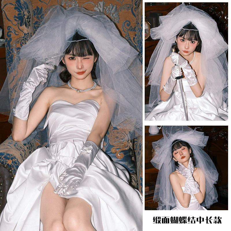 Women's White Satin Long Lace Bridal Wedding Gloves