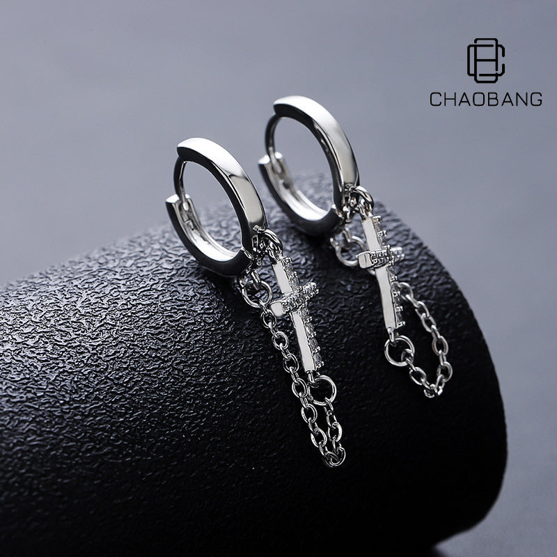 Unisex Diamond Cross Tassel Earrings Hip-Hop Light Luxury Style