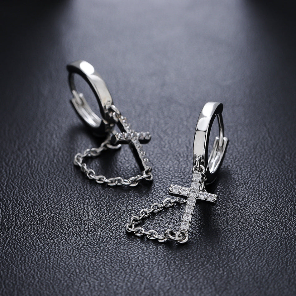 Unisex Diamond Cross Tassel Earrings Hip-Hop Light Luxury Style