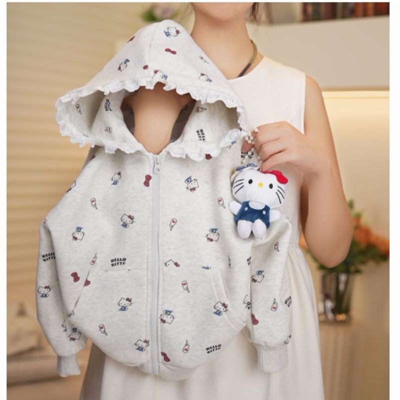 Girls' Cotton Blend Hooded Knit Jacket with Cat Lace Detail