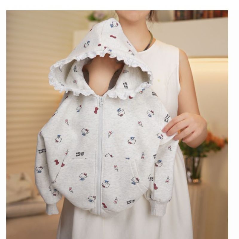 Girls' Cotton Blend Hooded Knit Jacket with Cat Lace Detail
