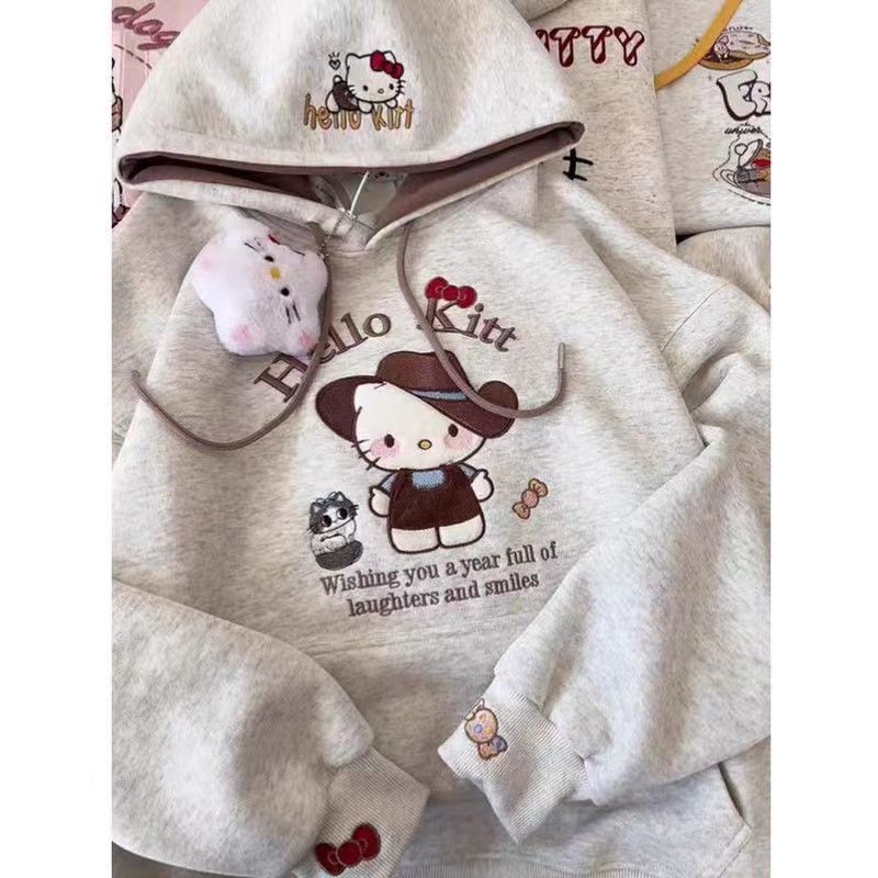 Kids' 100% Cotton Kt Cat Embroidered Hooded Sweatshirt