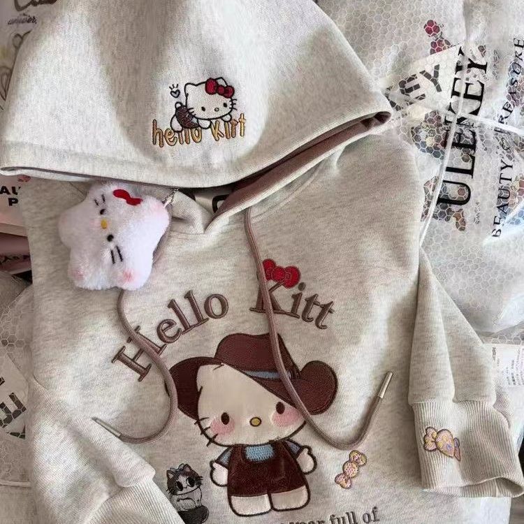 Kids' 100% Cotton Kt Cat Embroidered Hooded Sweatshirt