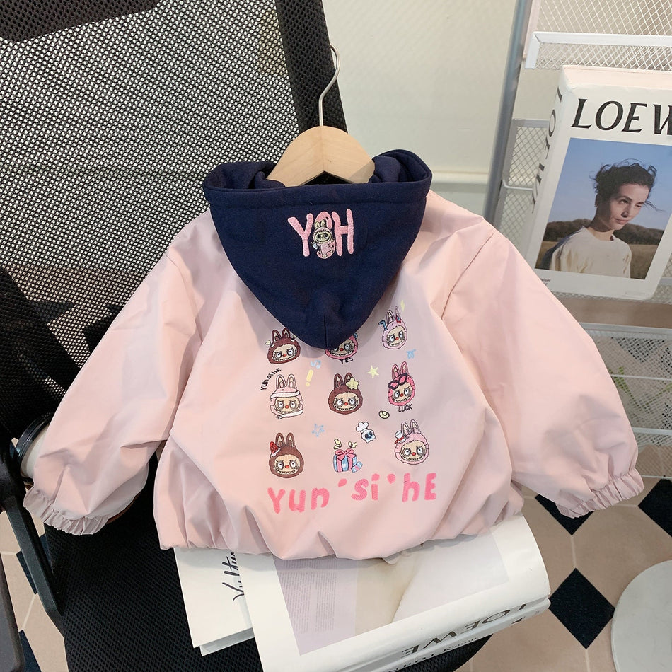 Baby Girls Hooded Jacket Korean Style Cartoon Zip-Up Outerwear