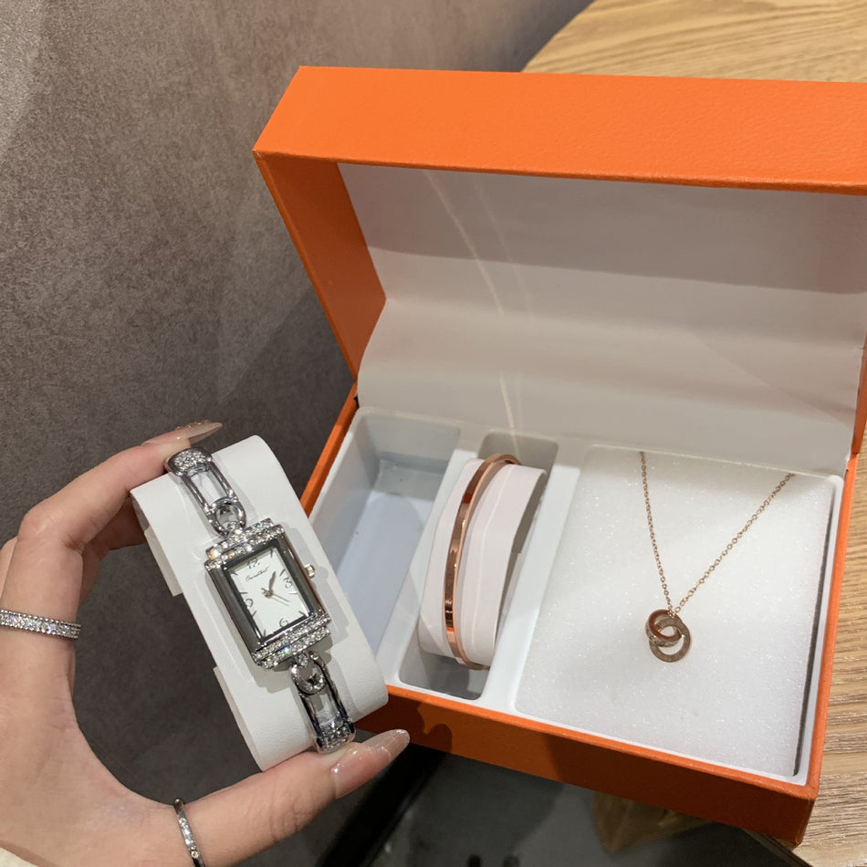 Women's Square Diamond Quartz Bracelet Watch Gift Box Set