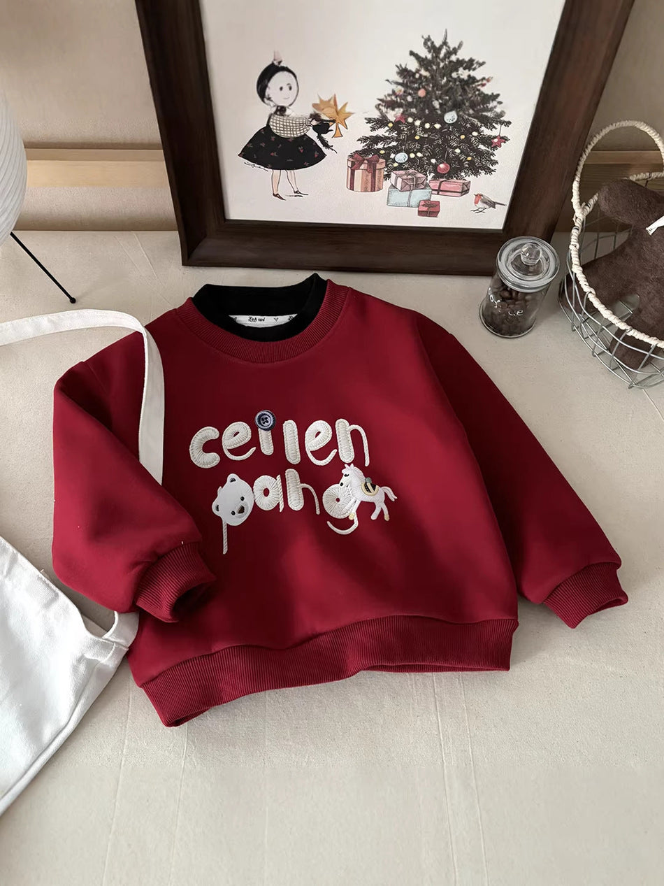Kids Unisex Fleece-Lined Hooded Sweatshirt Cotton Casual Top